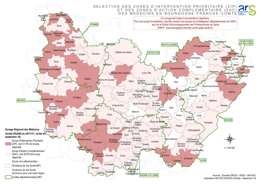 Carte présentant le zonage des médecins généralistes en Bourgogne-Franche-Comté, septembre 2019